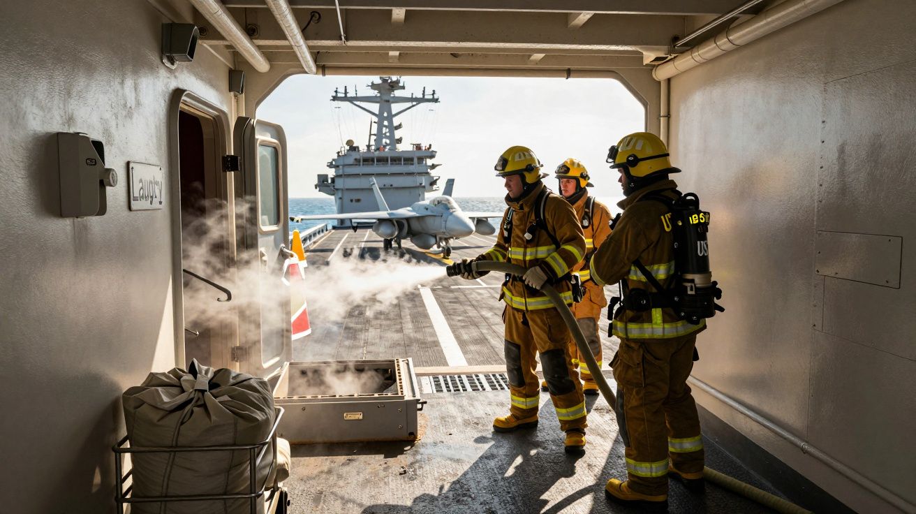 Três bombeiros combatem incêndio a bordo de um navio militar no convés com um avião ao fundo.