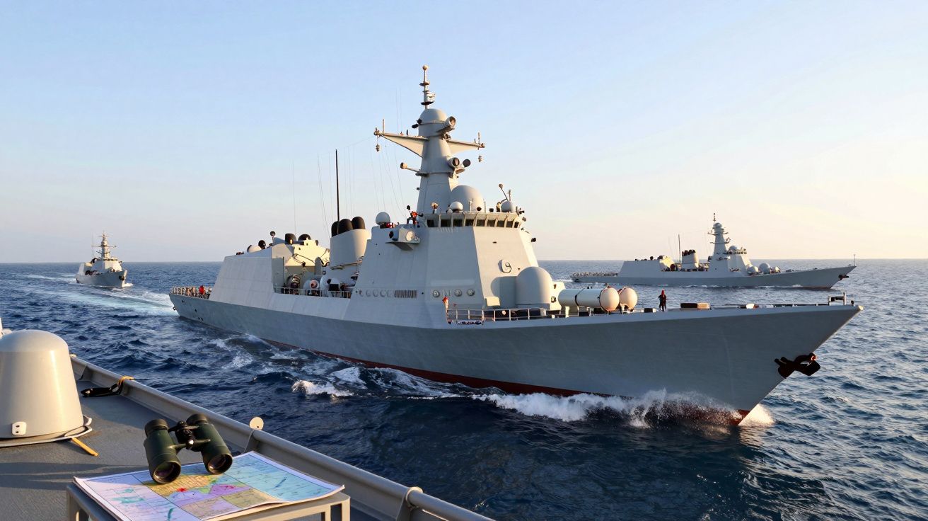 Três navios militares navegam em mar aberto sob céu limpo, vistos a partir da cobertura de outro navio.