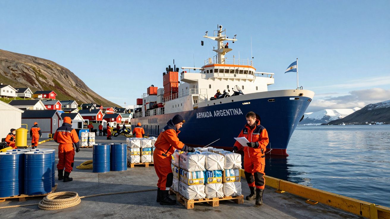 Pessoas em fatos laranja descarregam cargas no porto junto a navio da Armada Argentina com montanhas ao fundo.