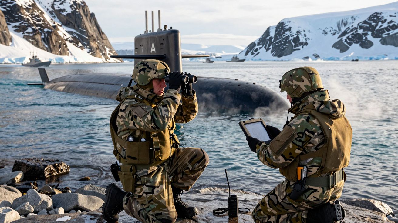 Dois militares em camuflagem perto da água, com um submarino parcialmente submerso ao fundo e paisagem nevada.