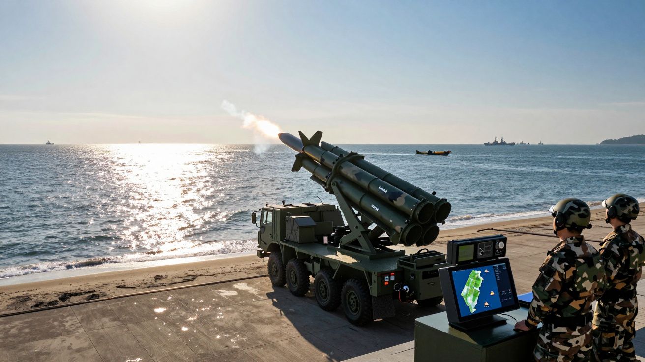 Soldados a operar sistema de lançamento de mísseis perto do mar durante o dia ensolarado.