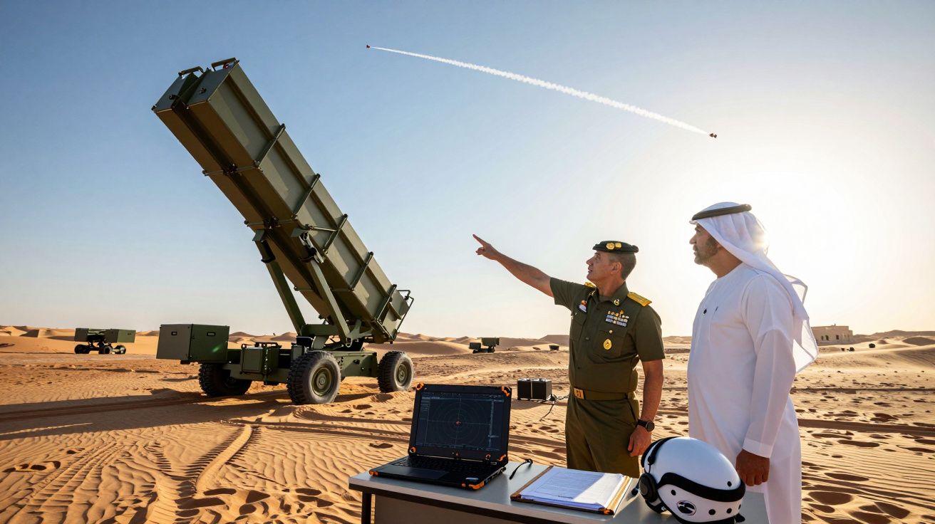 Dois homens, um militar e outro em roupa tradicional árabe, observam lançamento de míssil no deserto.