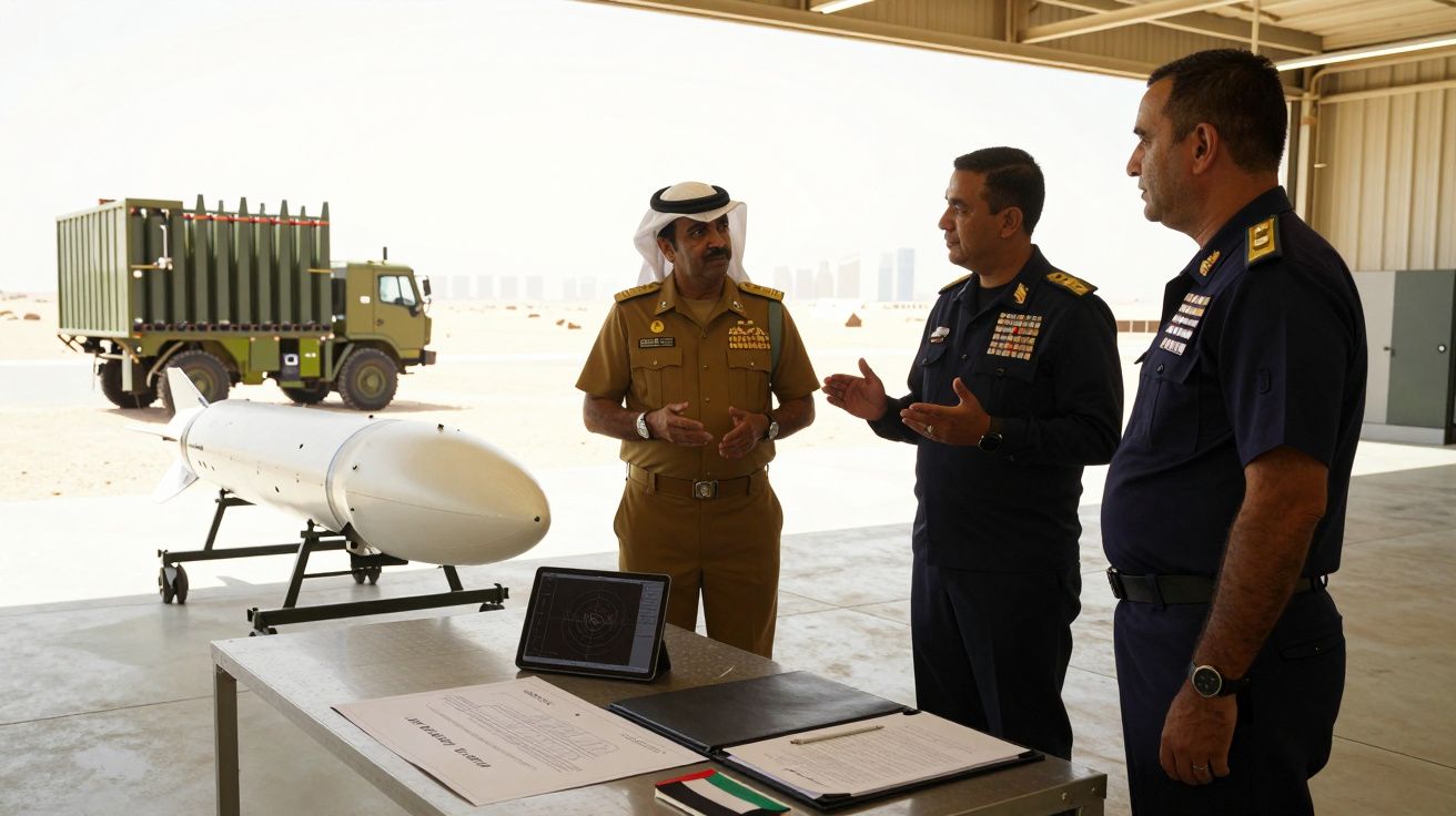 Três militares em uniforme discutem junto a uma ogiva e documentos numa instalação militar deserta.