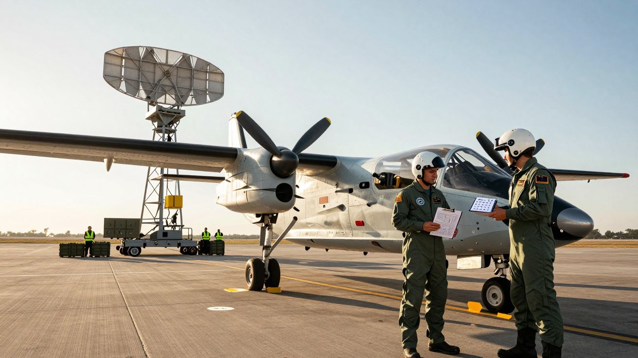 Dois pilotos com fatos de voo e capacetes discutem junto a um avião militar estacionado num aeródromo.