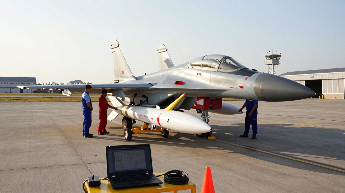Caça militar em pista com técnicos em fato azul e vermelho a realizar manutenção durante o dia.