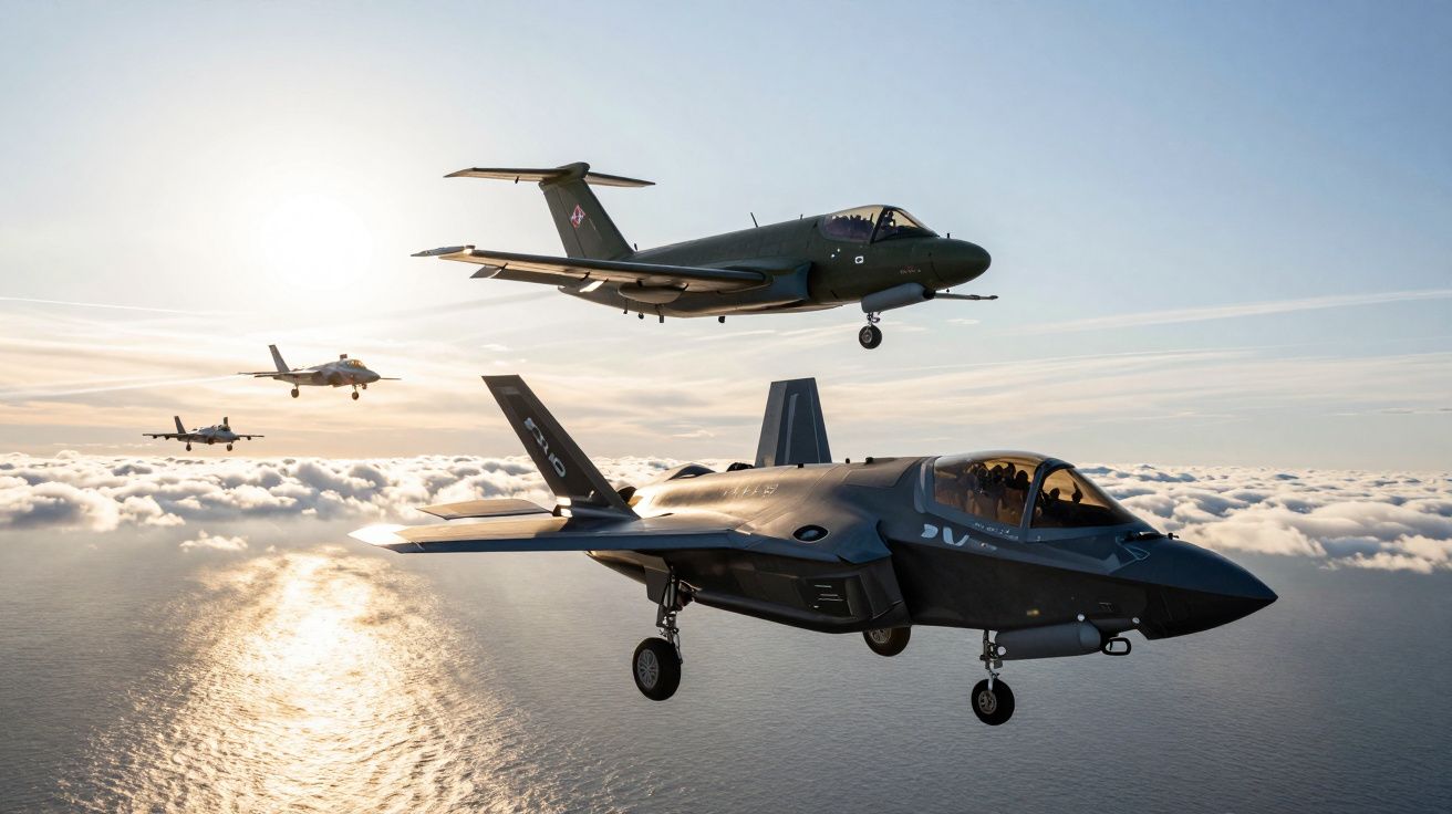 Formação de quatro aviões militares a voar sobre o oceano ao pôr do sol com céu parcialmente nublado.
