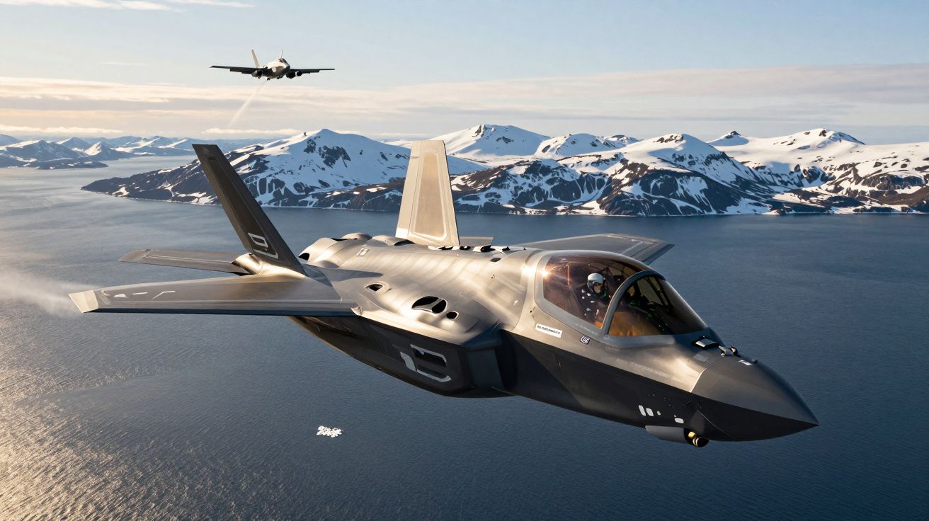 Caça furtivo a voar sobre mar com ilhas e montanhas cobertas de neve ao fundo, acompanhado por outro avião.