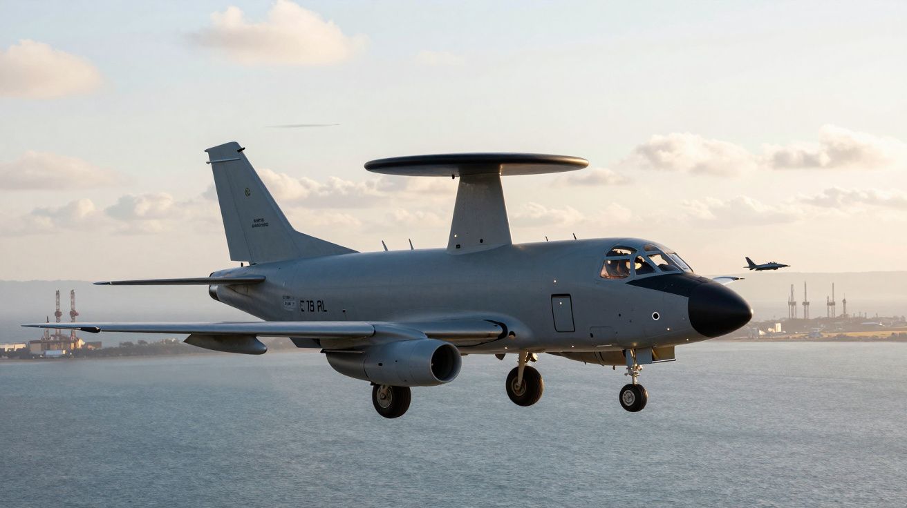 Avião de vigilância militar cinza com radar circular a voar sobre o mar ao pôr do sol.