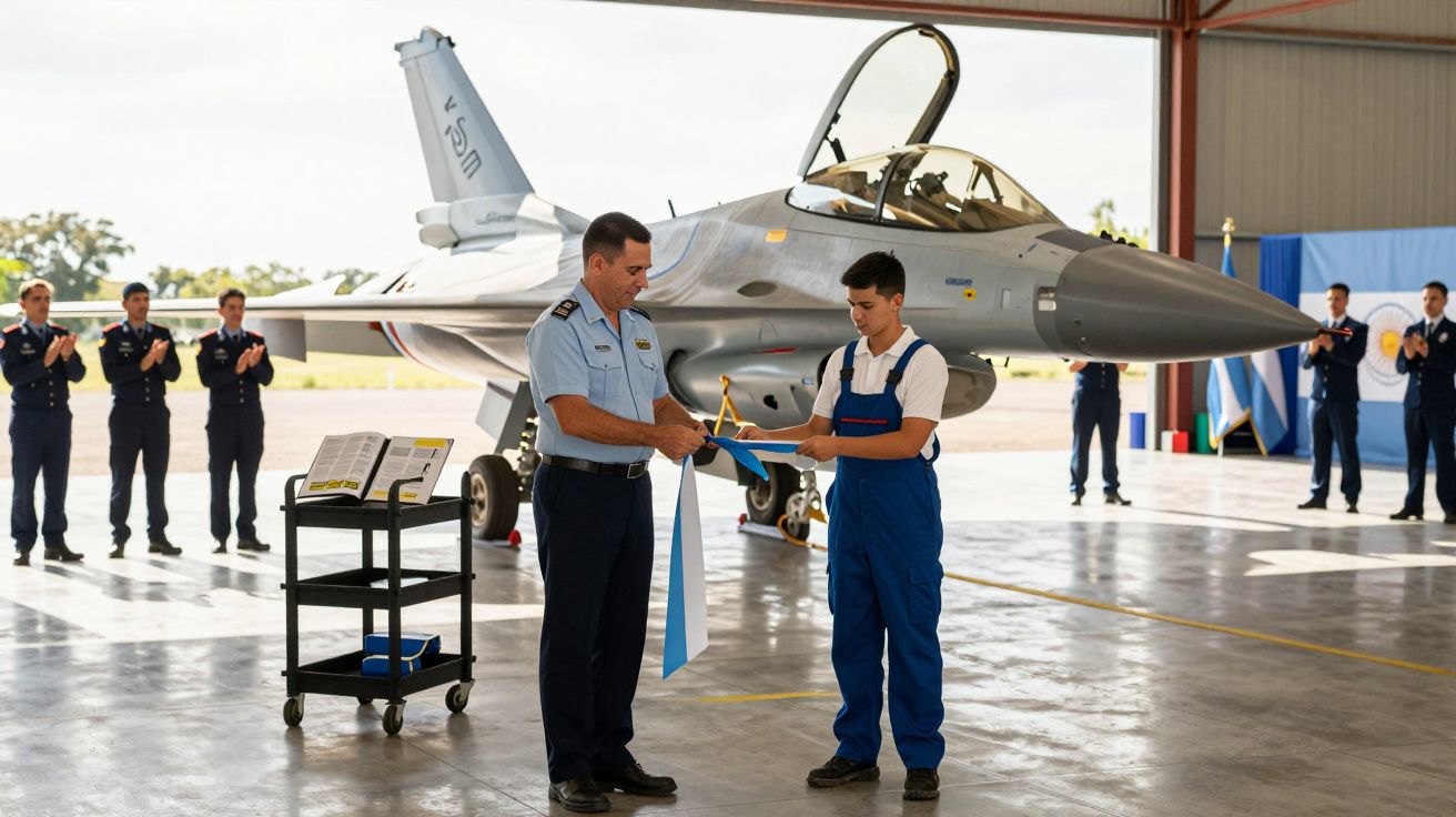 Cerimónia militar num hangar com piloto a receber condecoração diante de avião de combate F-16.