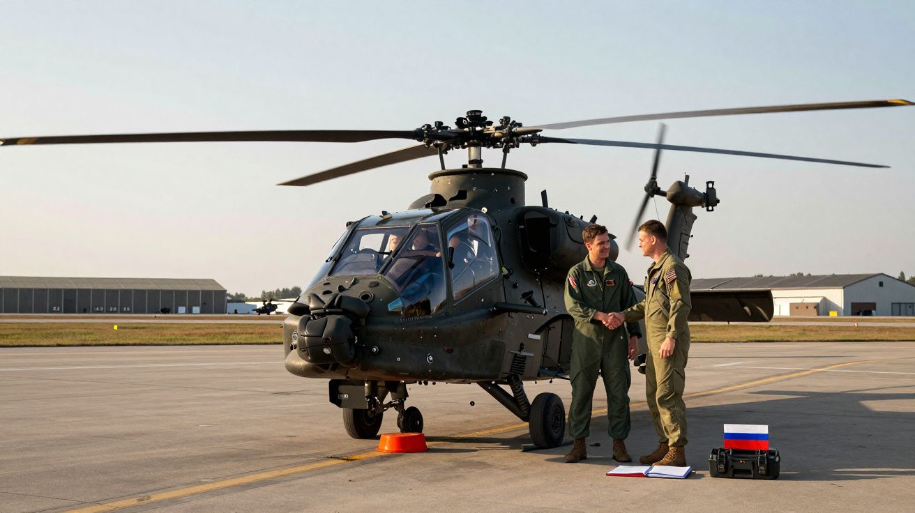 Dois militares juntos a cumprimentar-se em frente a um helicóptero militar estacionado numa pista de aeroporto.