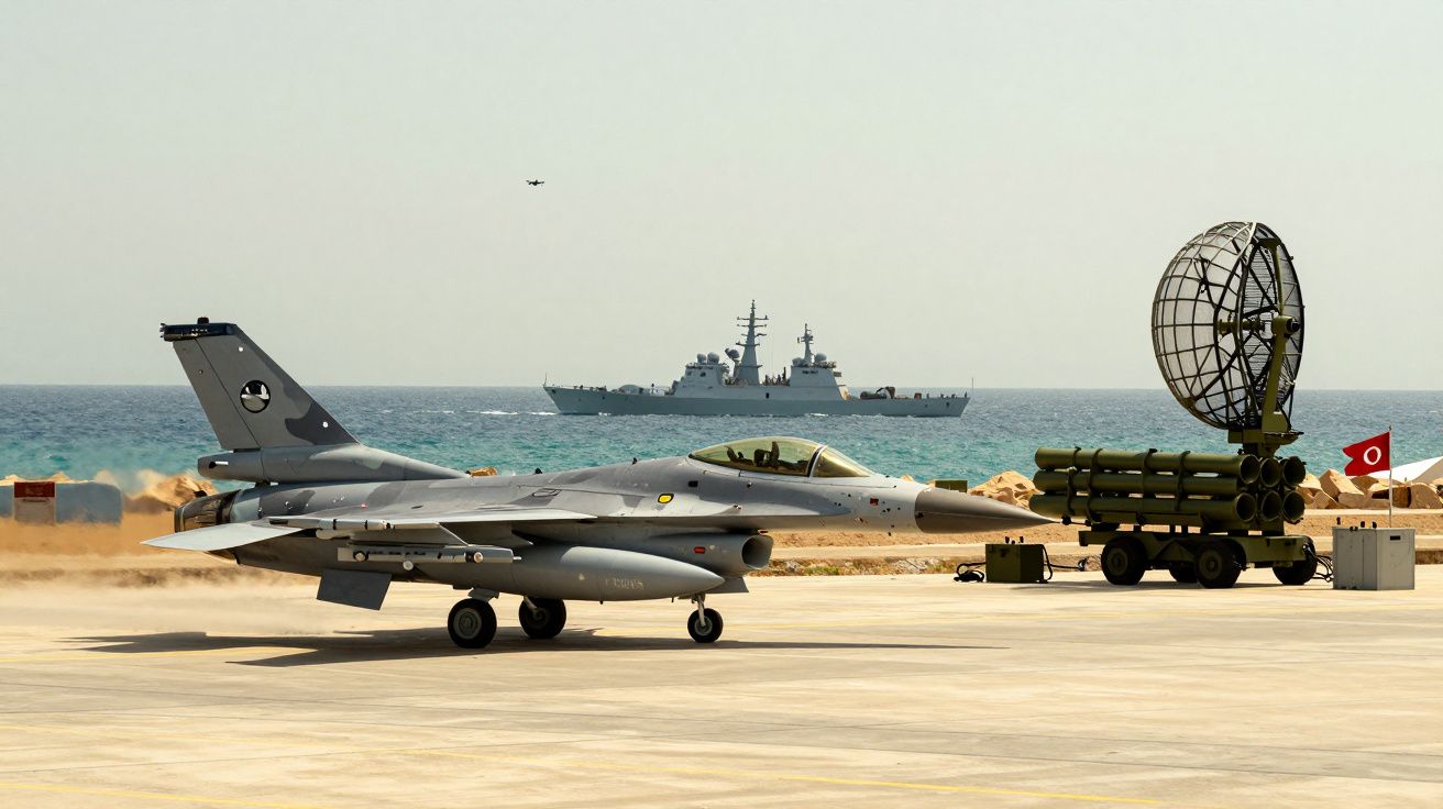 Caça F-16 estacionado numa base aérea costeira com navio militar e radar ao fundo junto ao mar.