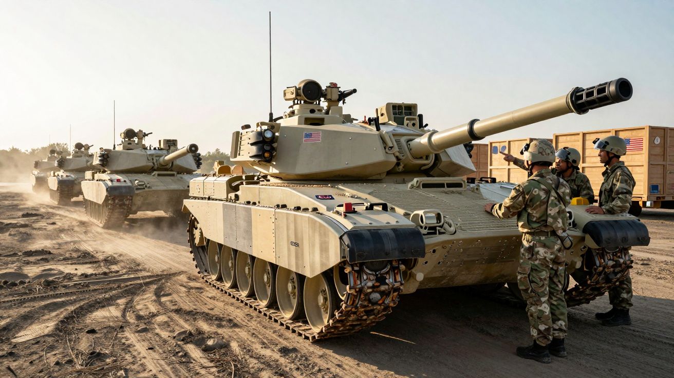Tanques militares americanos alinhados em estrada de terra com soldados em uniforme de camuflagem.