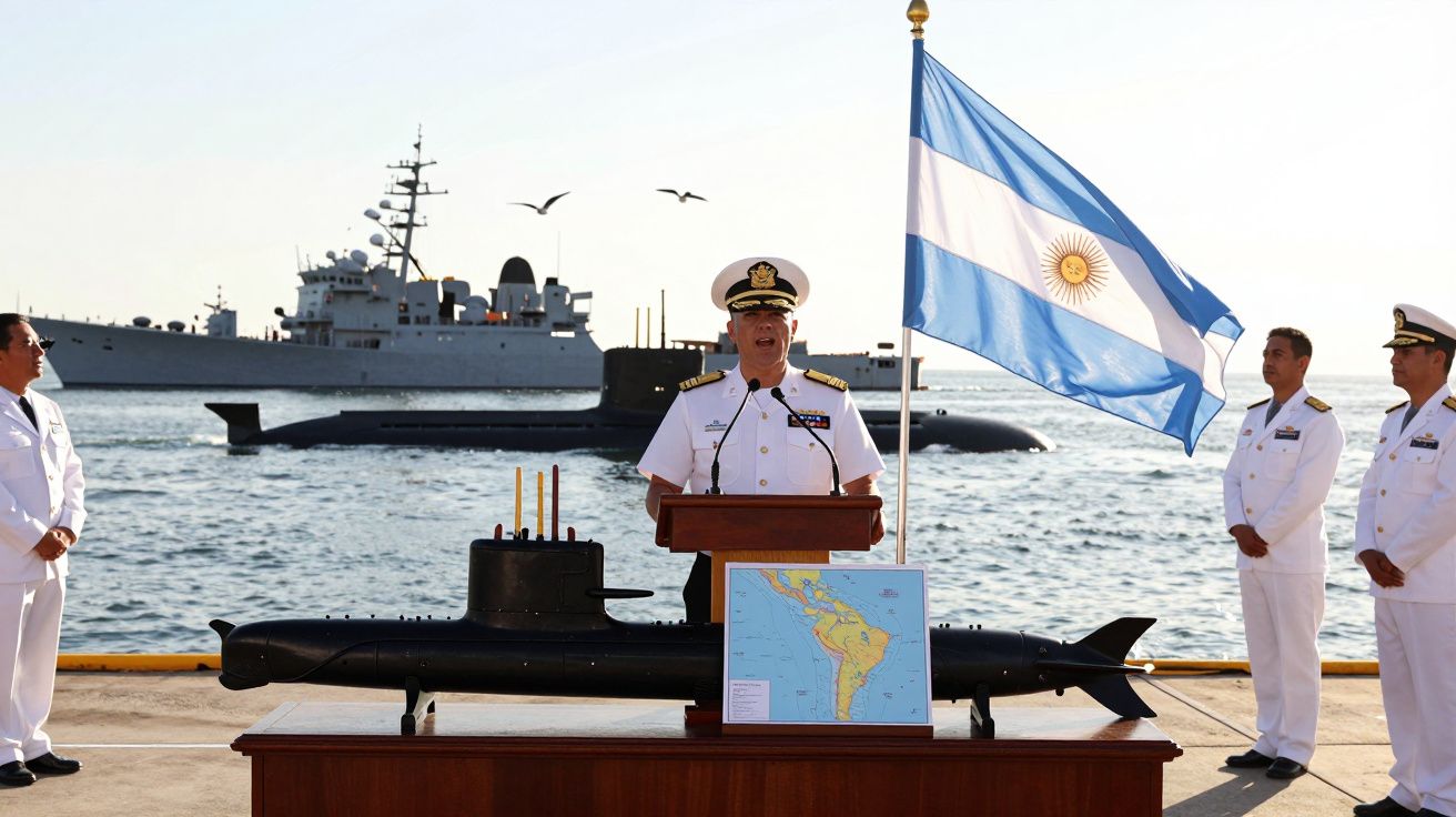 Oficial naval argentino discursando junto a maqueta de submarino com bandeira da Argentina ao fundo.
