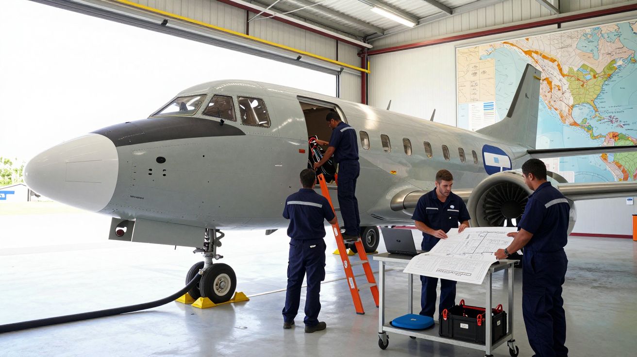 Quatro técnicos em uniforme azul examinam um avião cinzento no interior de um hangar com mapa na parede.