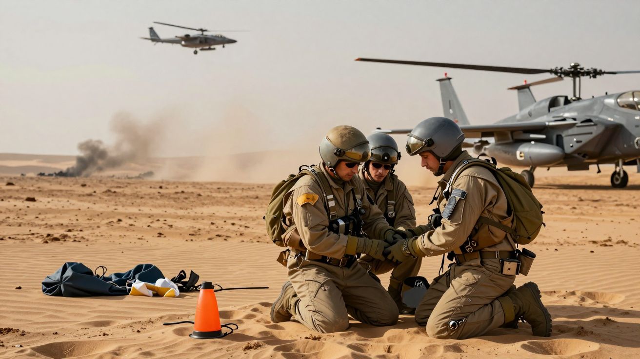 Três soldados em uniforme táctico ajoelhados no deserto com helicóptero e avião ao fundo.