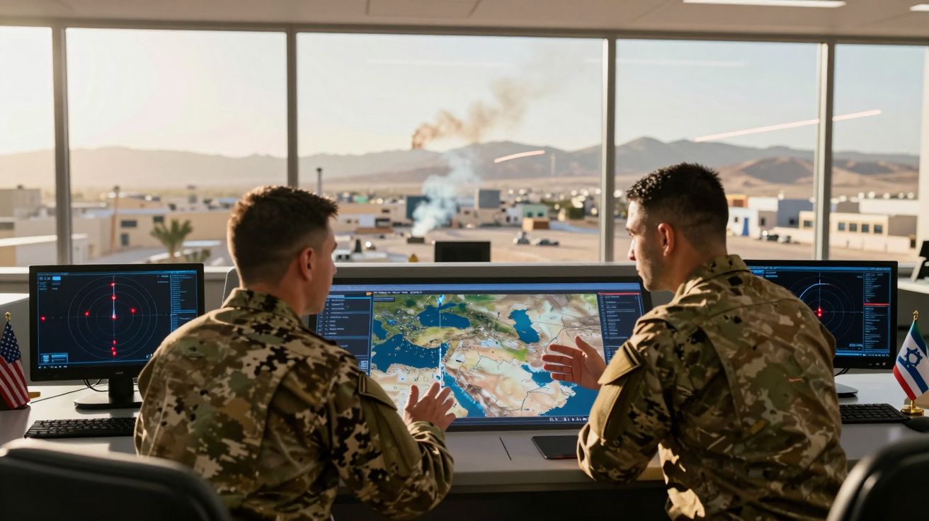Dois soldados em uniforme militar analisam mapas e radares em monitores num centro de comando com vista para uma base.