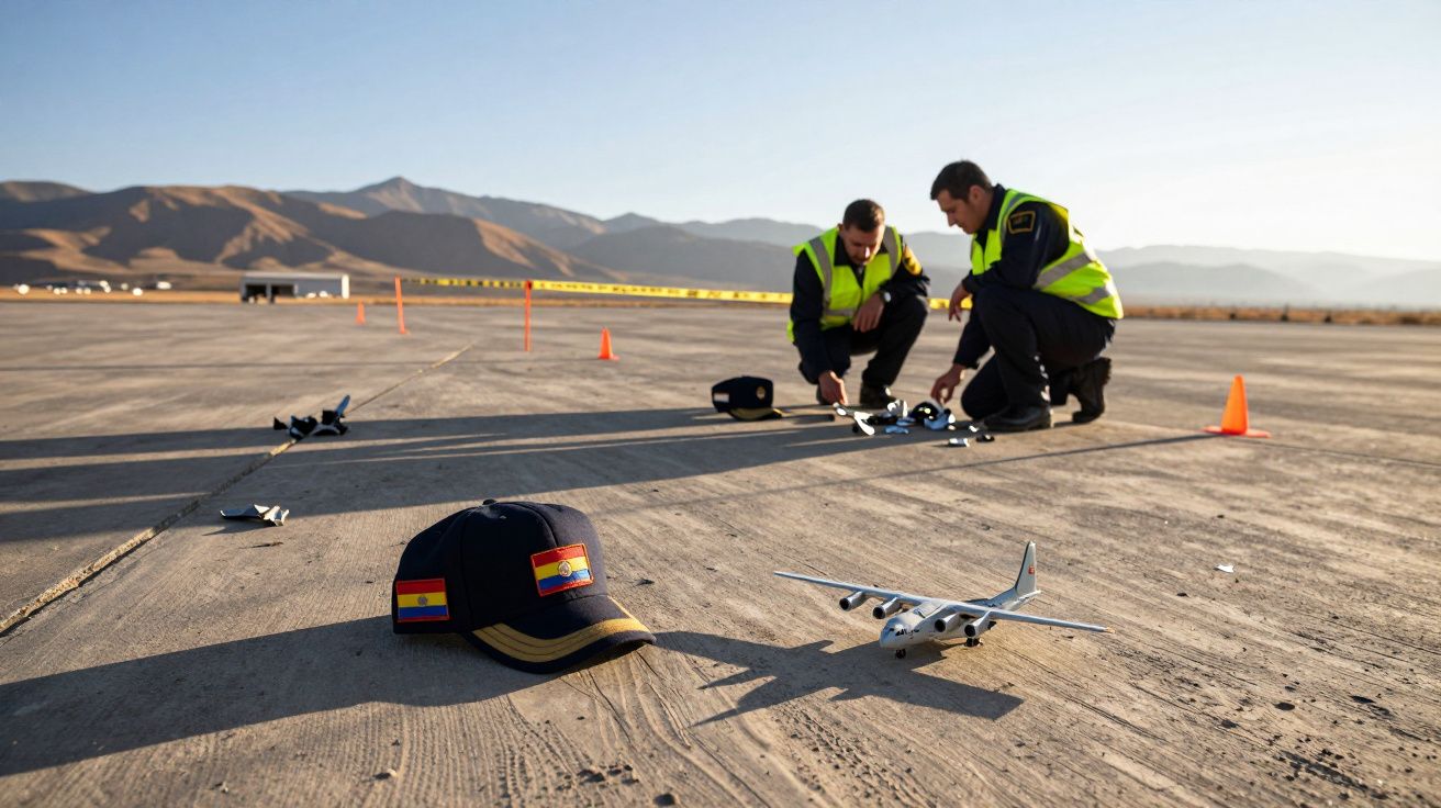 Dois homens em coletes de segurança analisam destroços de miniaturas de aviões num aeroporto desertificado.