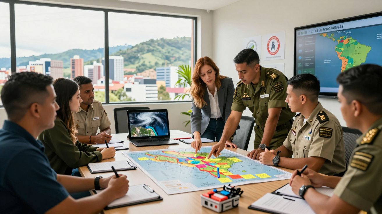 Grupo de militares e uma mulher em reunião, analisando mapa e dados numa sala com janelas e vista para a cidade.