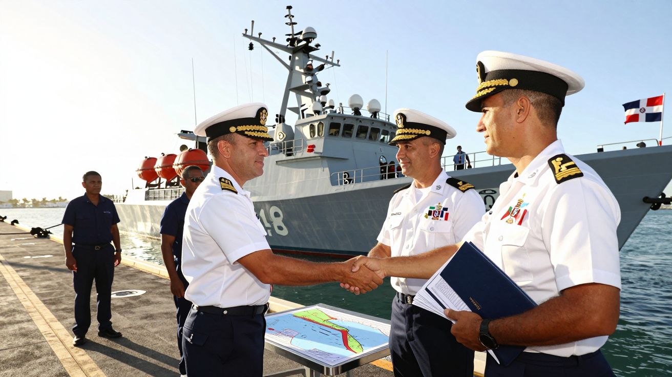 Três oficiais navais de uniforme branco apertam as mãos num cais com navio militar ao fundo.