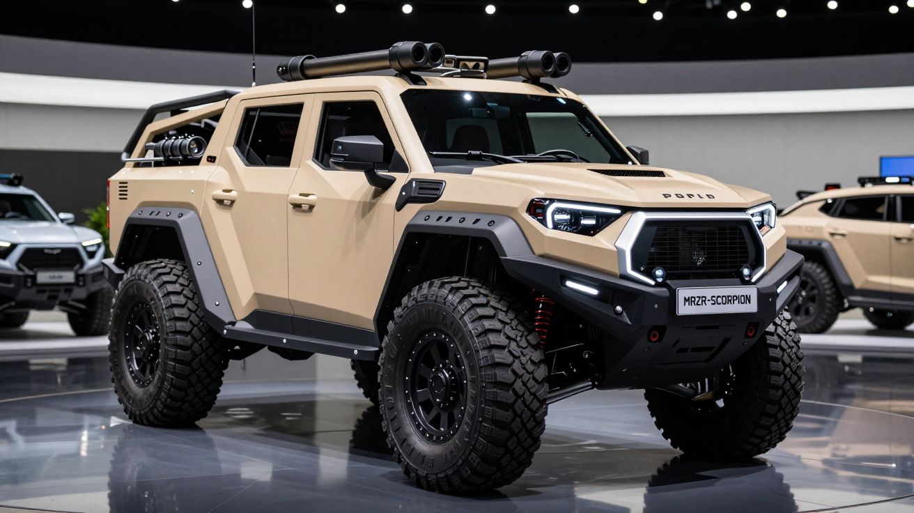 Veículo todo-o-terreno Ford MZR-Scorpion bege com pneus grandes e design robusto em exposição.