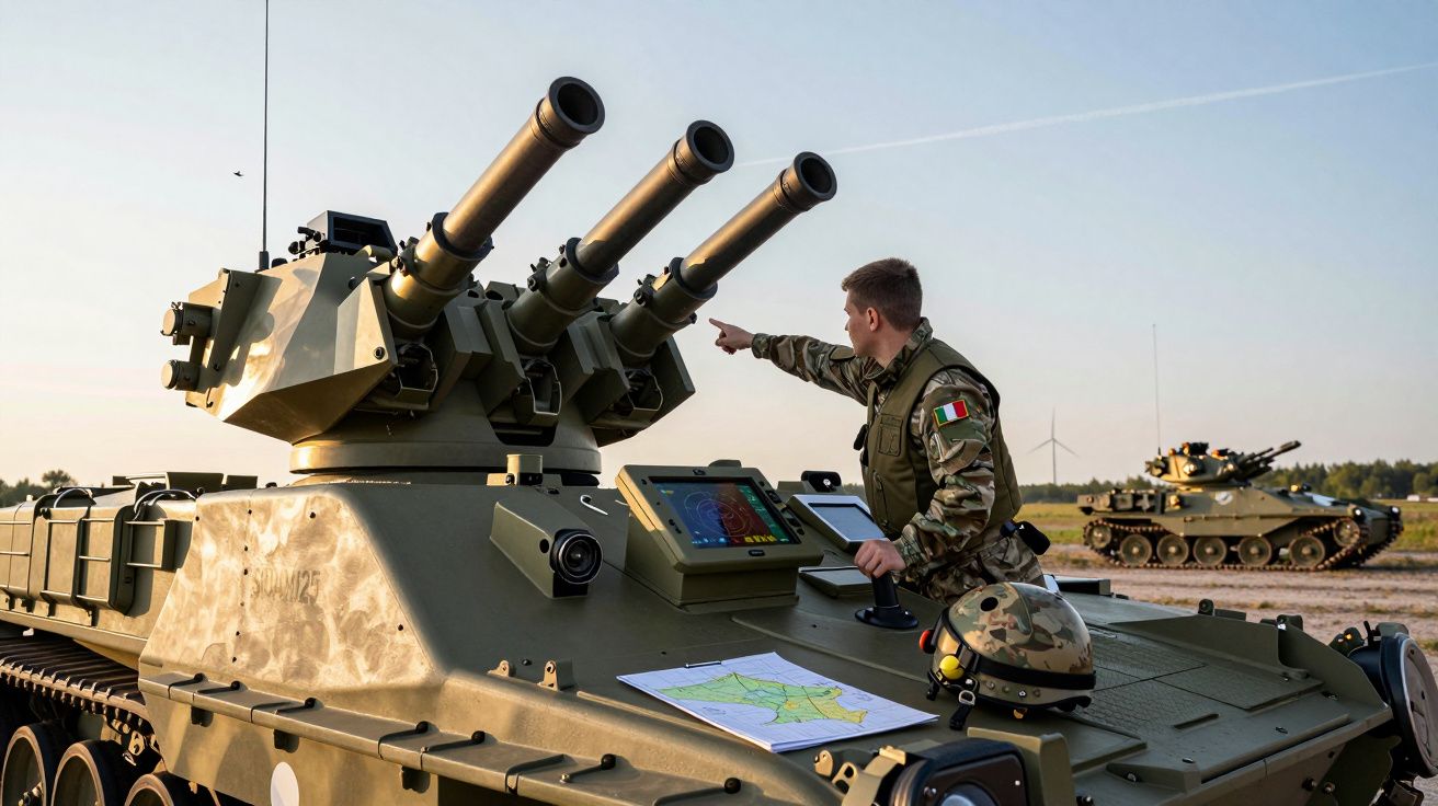 Soldado italiano em equipamento militar controla veículo blindado com canhões triplo em campo aberto durante o dia.