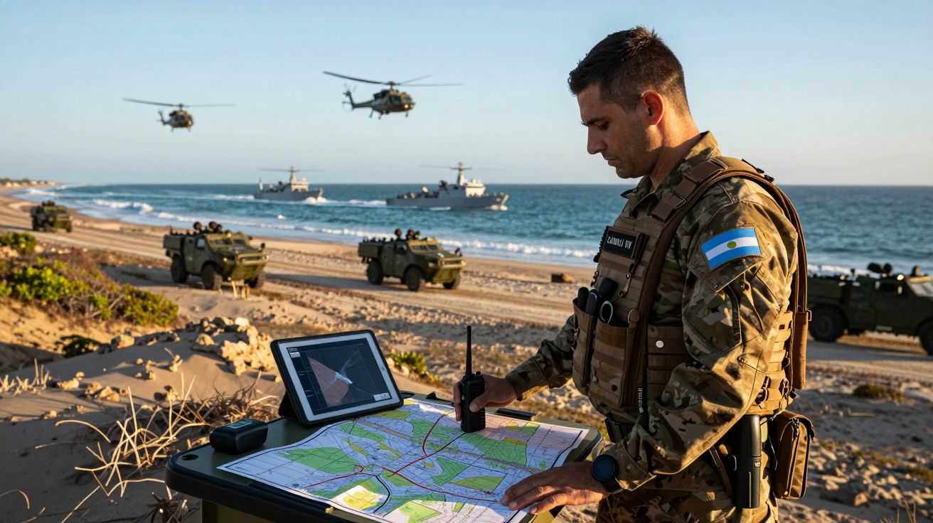 Soldado em uniforme militar com rádio, consultando mapa e monitor de navegação na praia com veículos e helicópteros ao fundo.