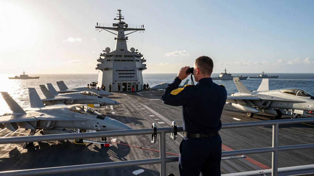 Homem em uniforme naval observa três navios de guerra no mar a partir do convés de um porta-aviões com caças estacionados.