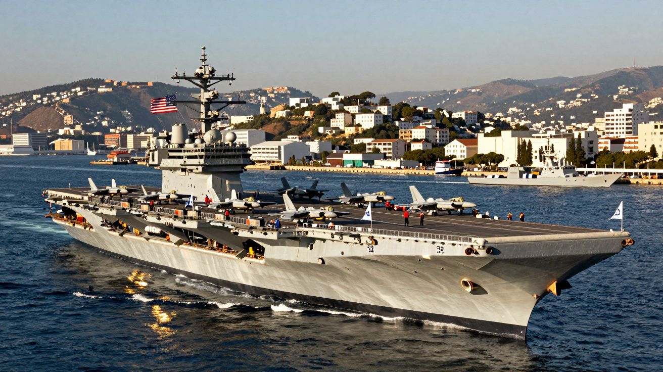 Porta-aviões militar americano com aviões a bordo navegando próximo à costa urbana e montanhosa ao pôr do sol.