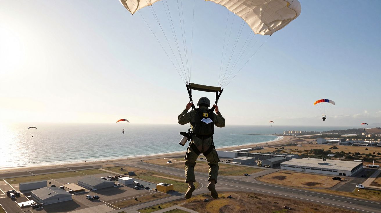 Paraquedista em queda livre sobre área costeira com vários outros paraquedistas ao longe junto ao mar.
