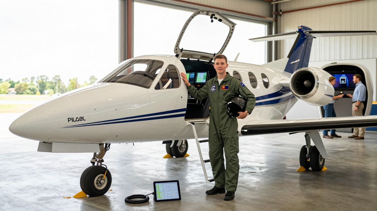 Piloto em fato de voo vestido de verde está ao lado da porta aberta de um jato leve num hangar.