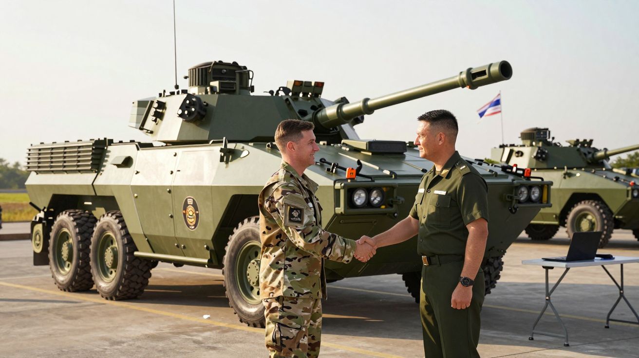 Dois militares a apertar as mãos em frente a veículos blindados de rodas em área aberta.