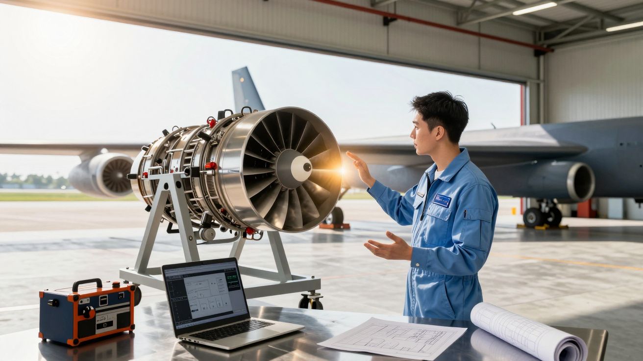 Técnico de aviação em macacão azul inspeciona motor de avião numa oficina com equipamento e planos técnicos.