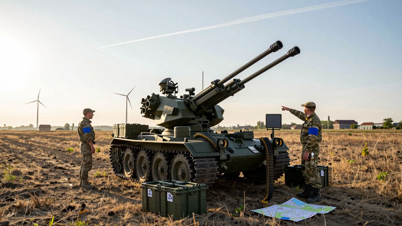 Dois soldados ao lado de veículo blindado com canhões em campo aberto, com turbinas eólicas ao fundo.