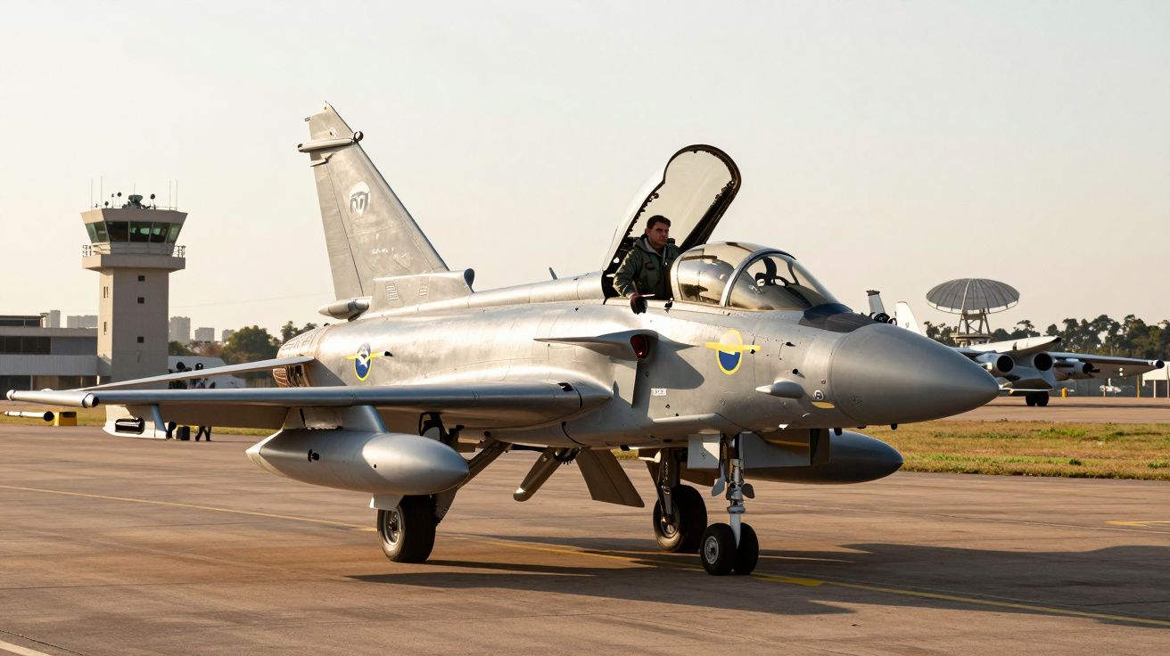 Caça militar cinzento estacionado na pista de um aeroporto com piloto sentado na cabine aberta.