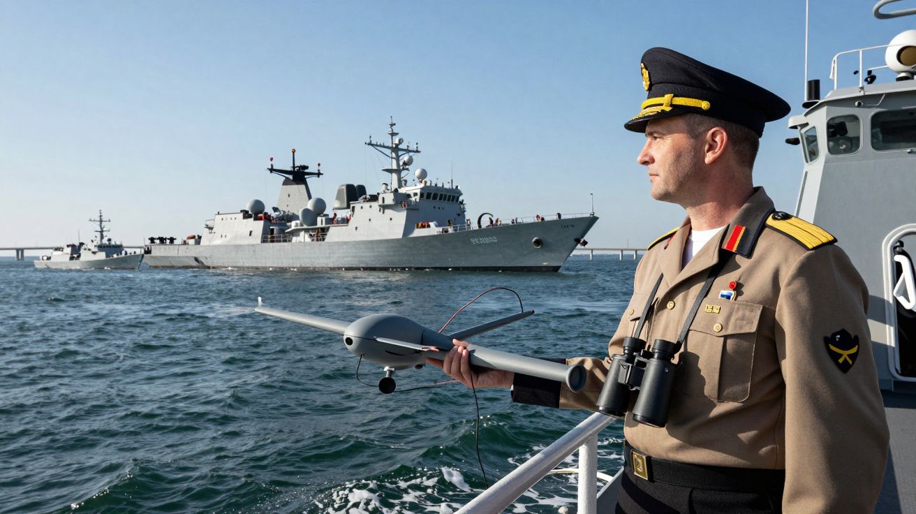 Oficial da marinha segura drone naval a bordo de um barco com navios militares ao fundo no mar.