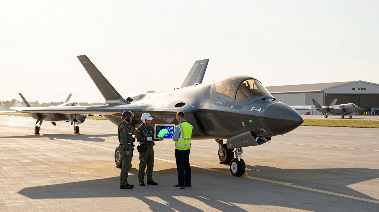 Dois pilotos em fato de voo e um técnico analisam um ecrã à frente de um avião militar F-41 numa pista de aeroporto.