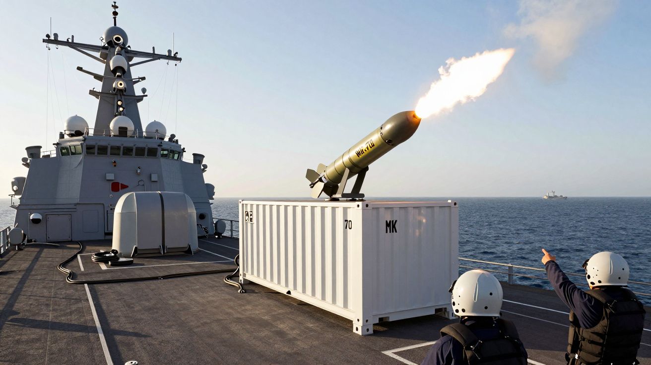 Míssil a ser lançado de um contentor no convés de um navio militar com dois soldados a observar o mar.