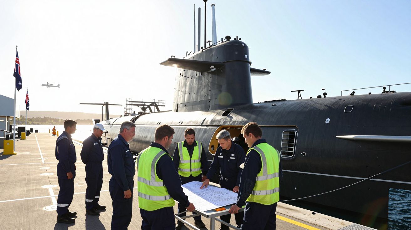 Seis homens, alguns com coletes refletivos, reúnem-se junto a um submarino no cais para analisar um mapa.