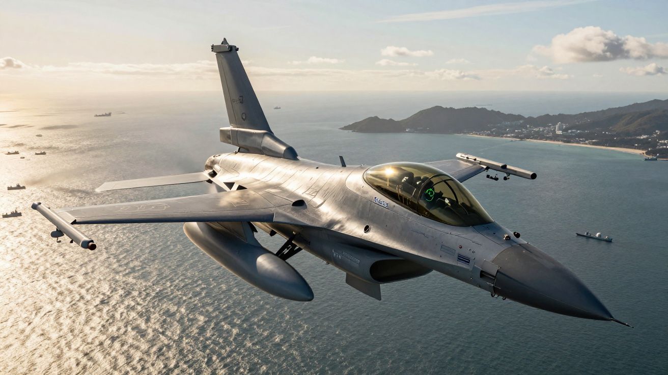 Caça militar F-16 a voar sobre o mar com várias embarcações e uma costa ao fundo ao pôr do sol.