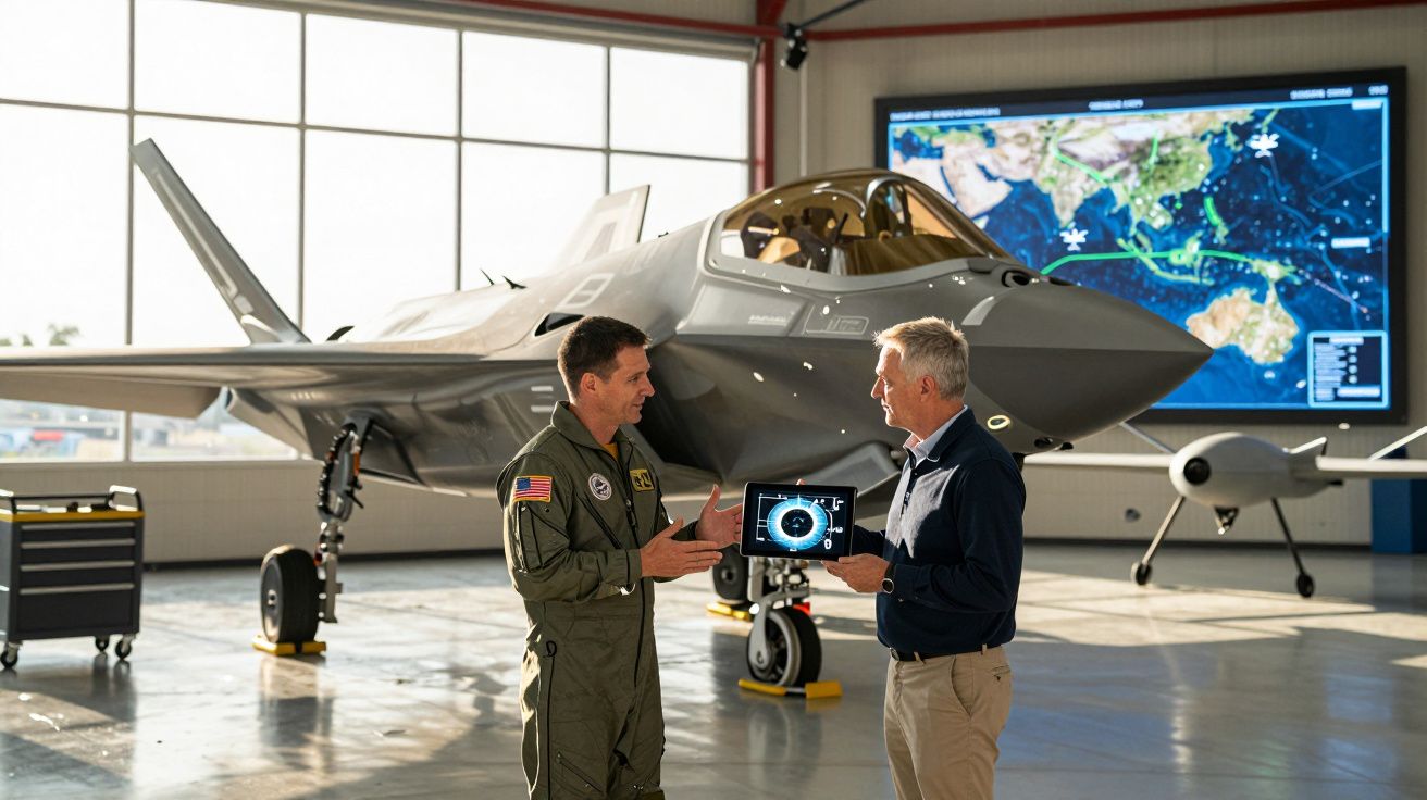 Homem militar e engenheiro discutem com tablet em hangar diante de avião de combate moderno.