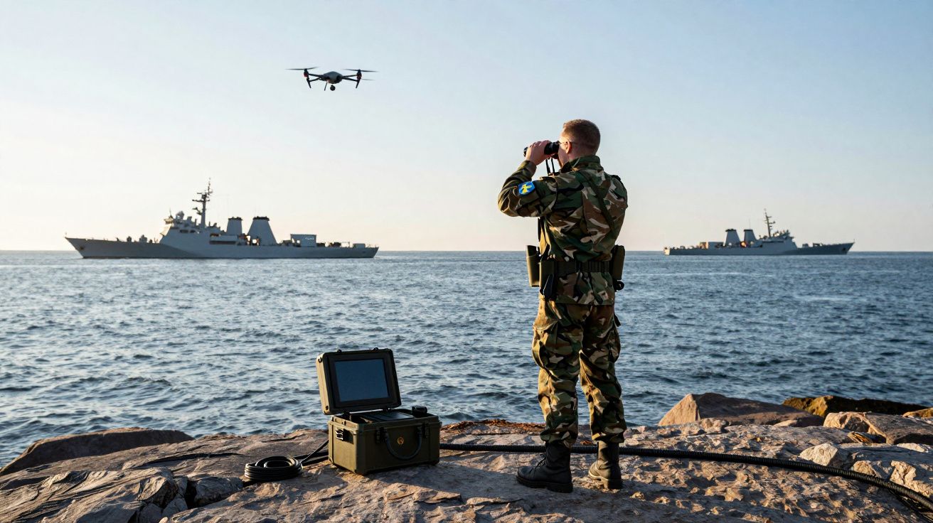 Soldado em uniforme camuflado observa mar com binóculos enquanto um drone voa e dois navios militares estão ao longe.