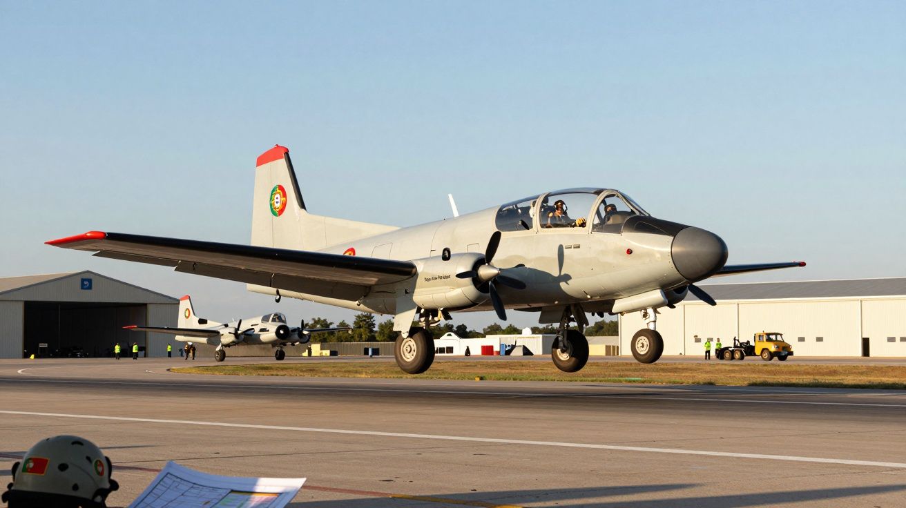 Avião militar de treino da Força Aérea Portuguesa em pista com edifícios e pessoas ao fundo.