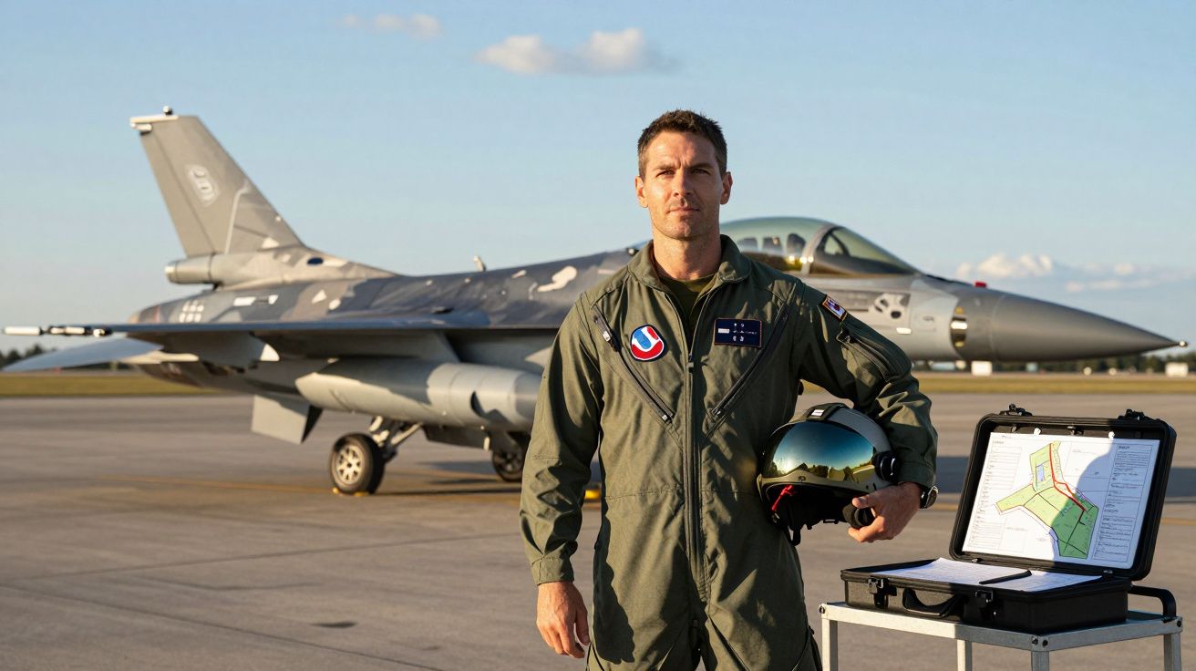 Piloto militar vestido com fato verde, capacete na mão e caça F-16 estacionado na pista de voo.