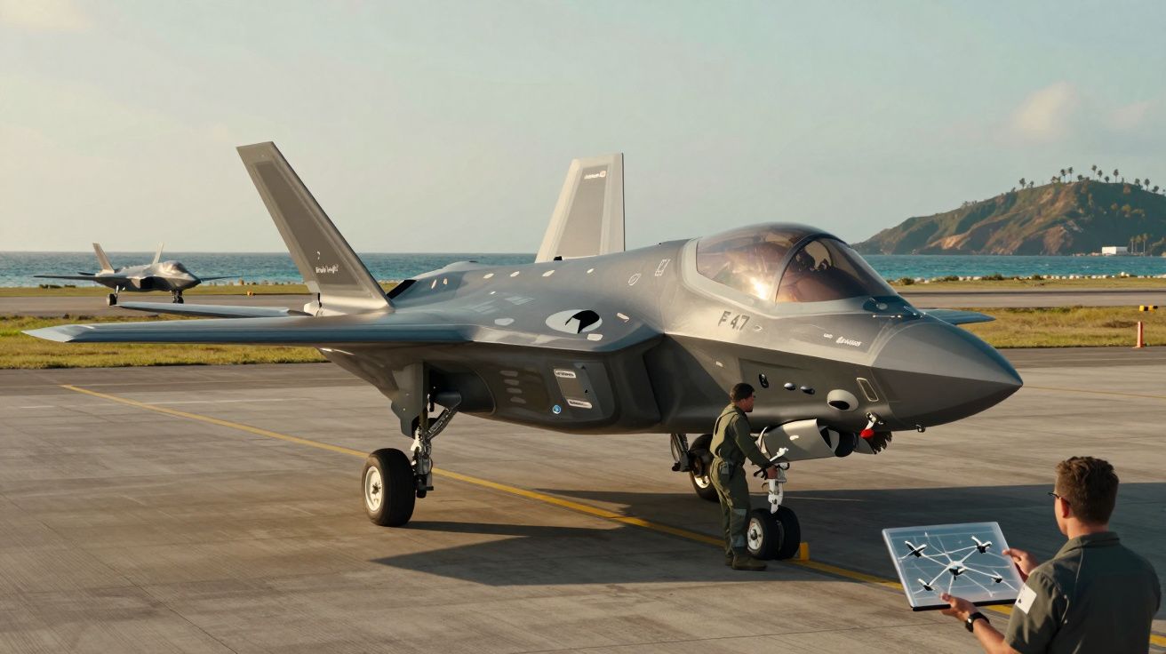 Caça furtivo F-47 cinzento numa pista, com militares e mar ao fundo, sob céu claro.