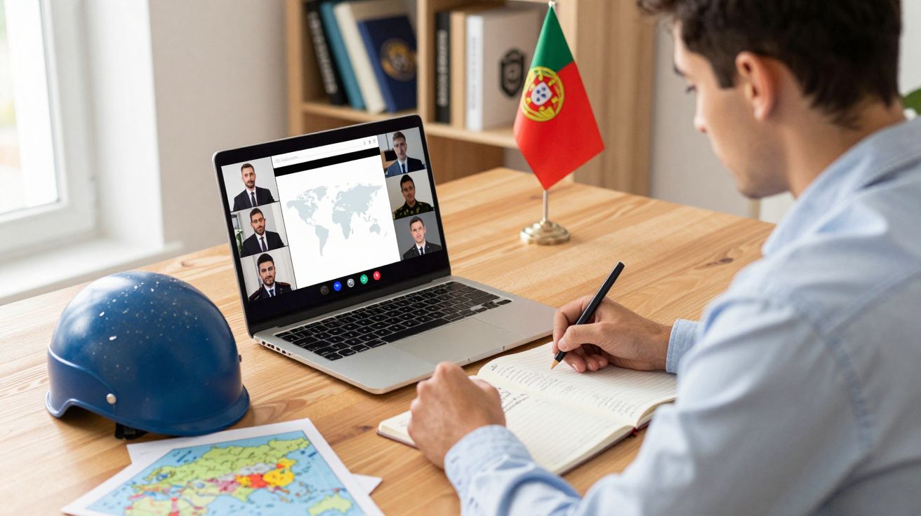 Homem a participar em videoconferência num laptop, com capacete, mapa e bandeira de Portugal numa secretária.