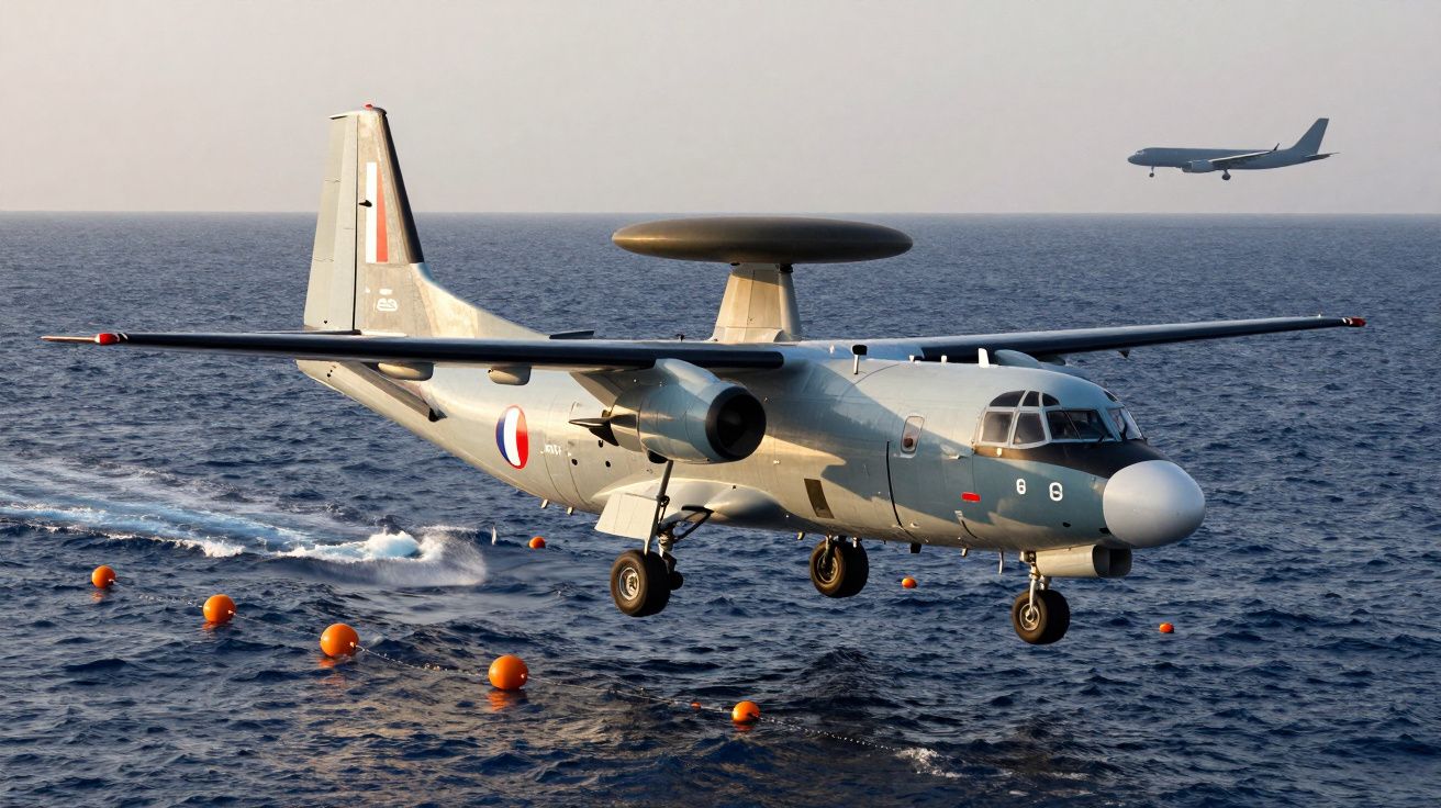 Avião militar com radar sobrevoando o mar perto de bóias laranja, com outro avião ao fundo no céu.