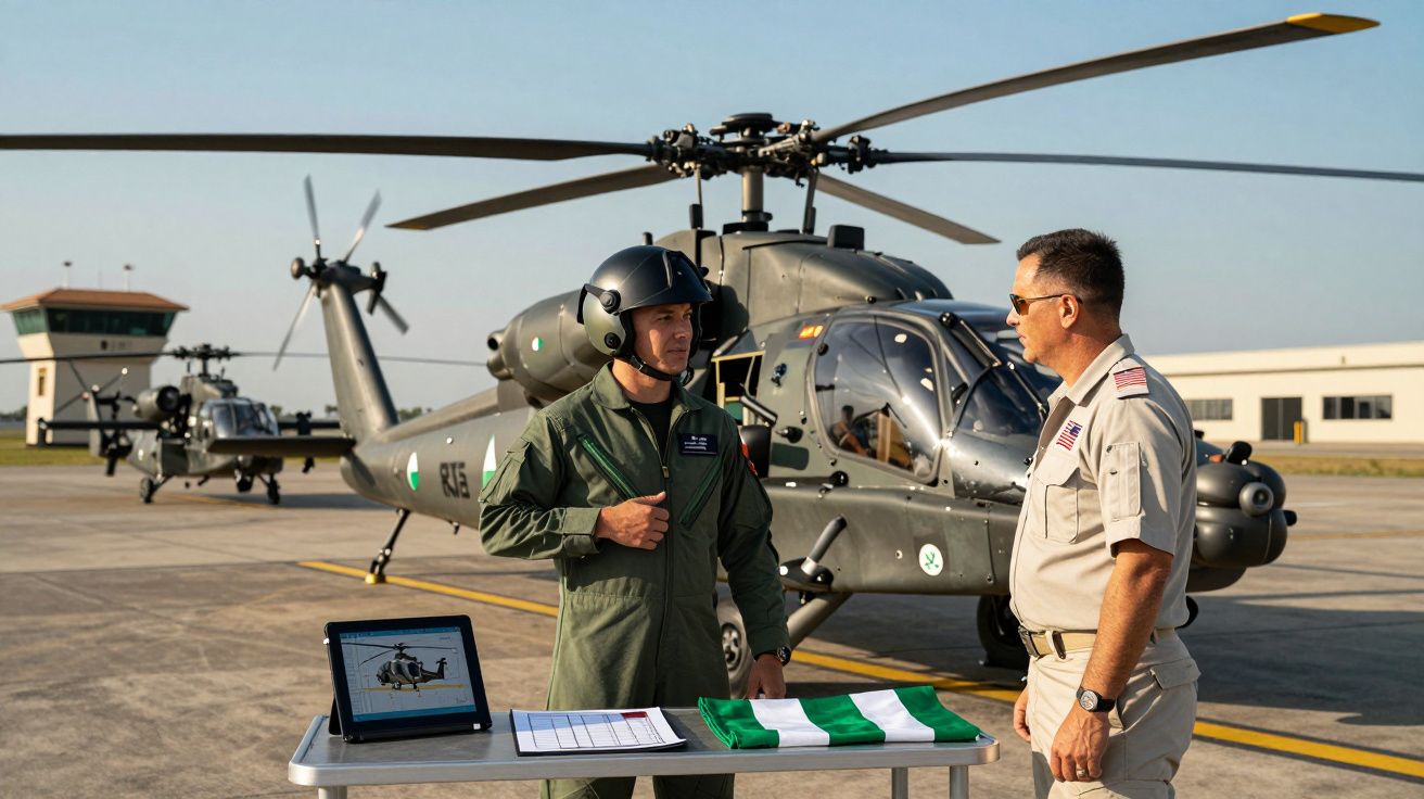 Dois militares junto a helicópteros militares estacionados, com mesa e equipamento no chão.