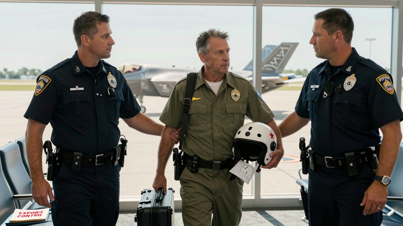 Dois polícias escoltam um piloto militar com capacete branco e mala preta num aeroporto.