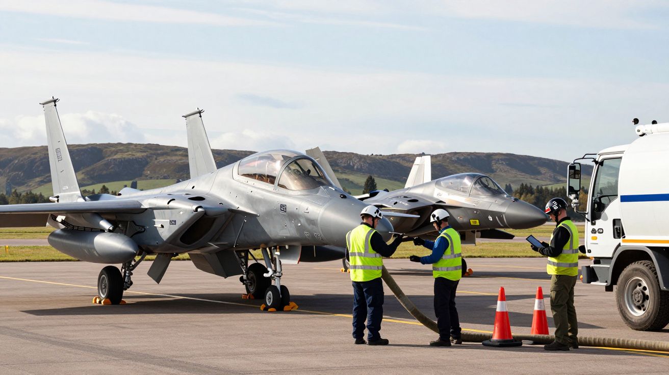 Dois caças estacionados numa pista com três técnicos a trabalhar junto a um camião de combustível.