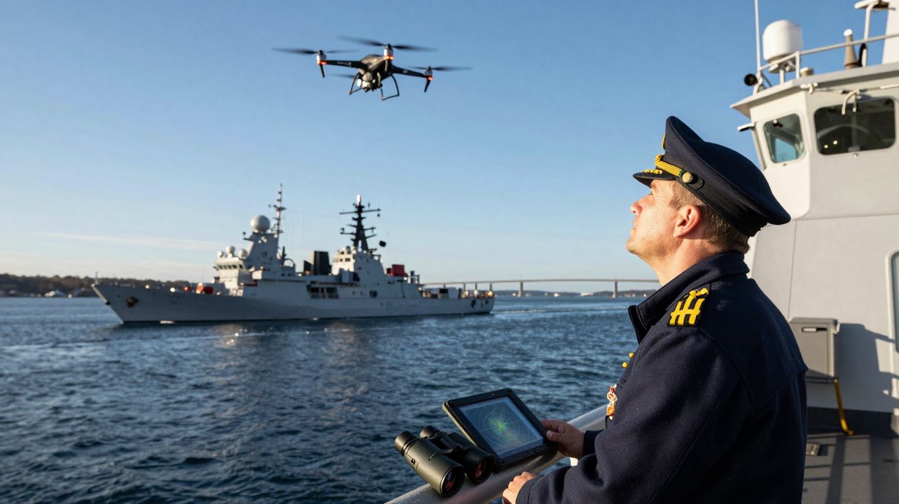 Oficial naval com uniforme a operar drone no convés de navio, com cruzador e ponte ao fundo.